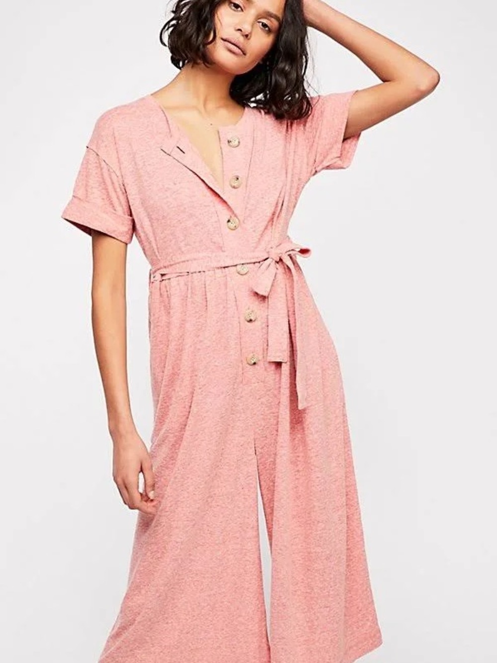 Free People FP Beach Lighthouse Linen Blend Jumpsuit XS Coral Button Front Crop